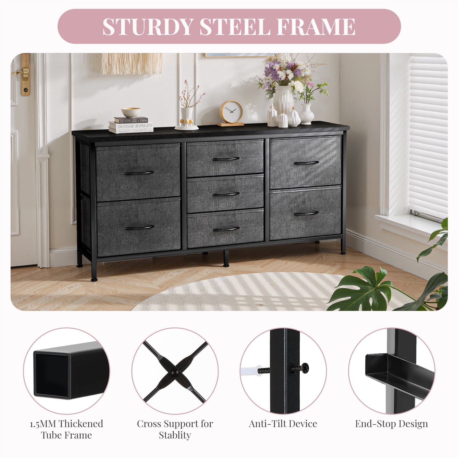 7 Drawers Dresser, Storage Dresser Organizer with Drawers, Chest of Drawers, TV Stand Dresser with Metal Frame and Wood Tabletop for Bedroom, Guest Room, Closet, Entryway, Nursery, Gray