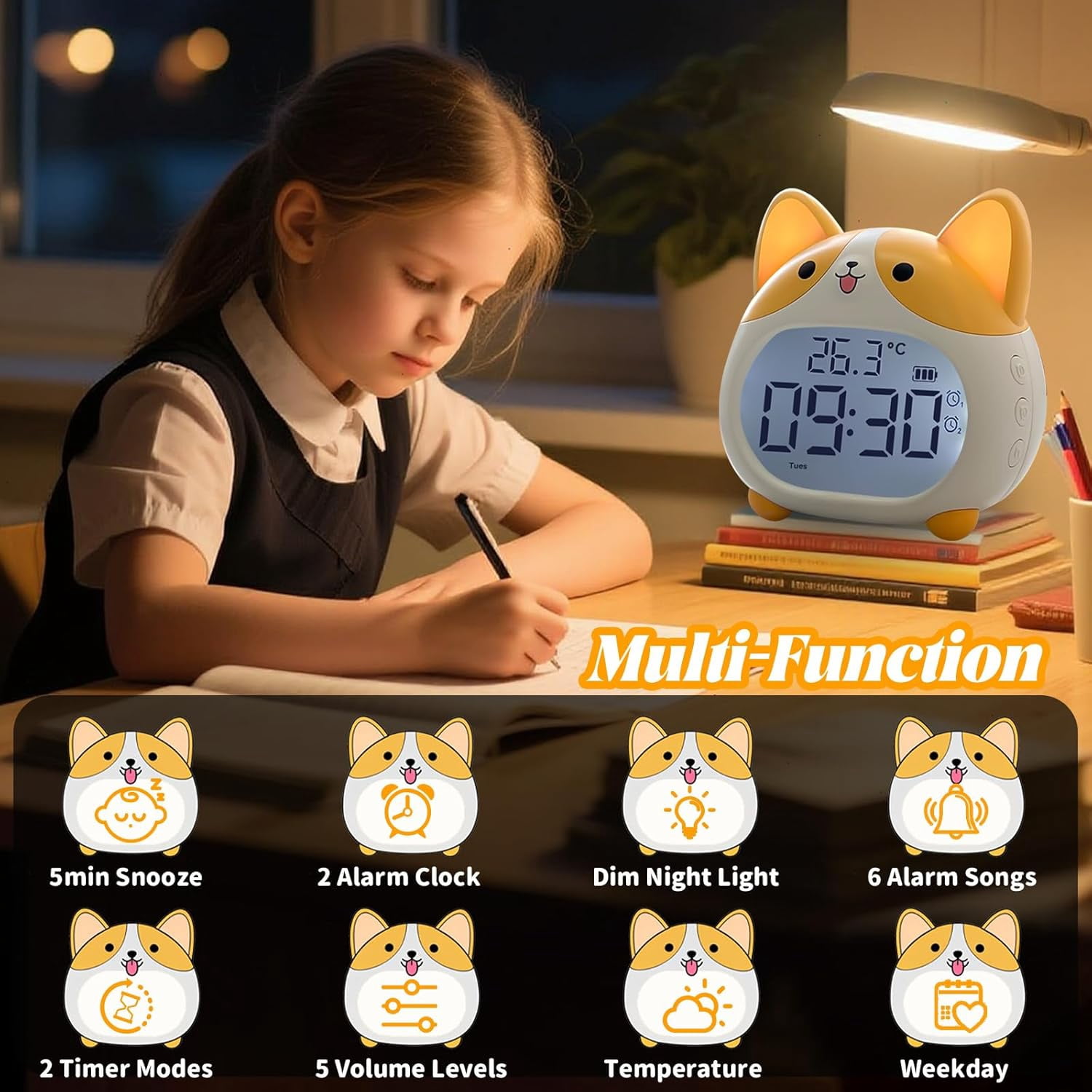 Alarm Clocks for Kids, Cute Corgi Clock with Night Light, 6 Alarm Tones, Snooze, Timer, Date and Temperature Display - Rechargeable Battery Operated Digital Clocks for Bedroom Kids Room
