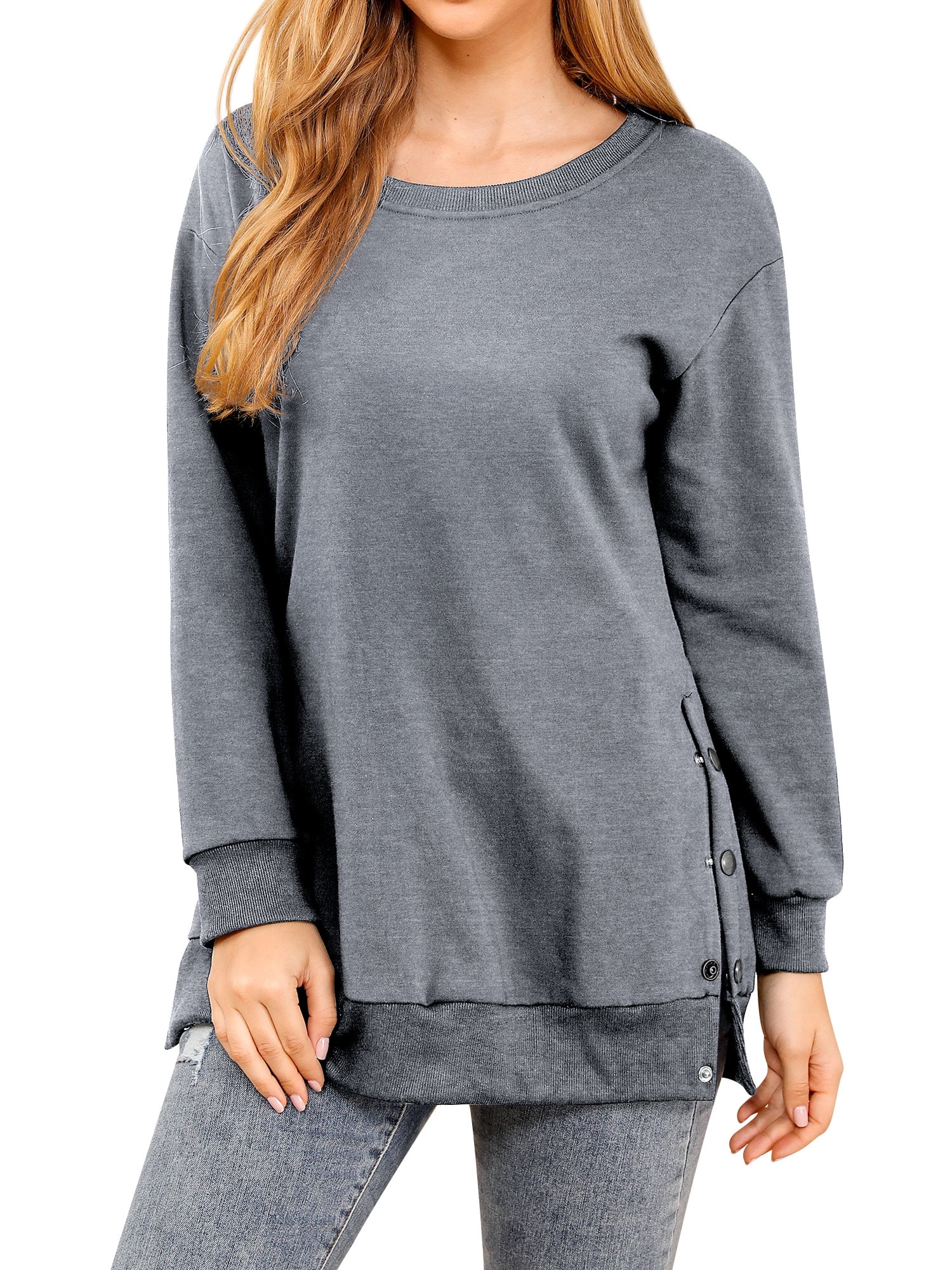 Women Crew Neck Long Sleeve Side Split Button Detail Sweatshirt