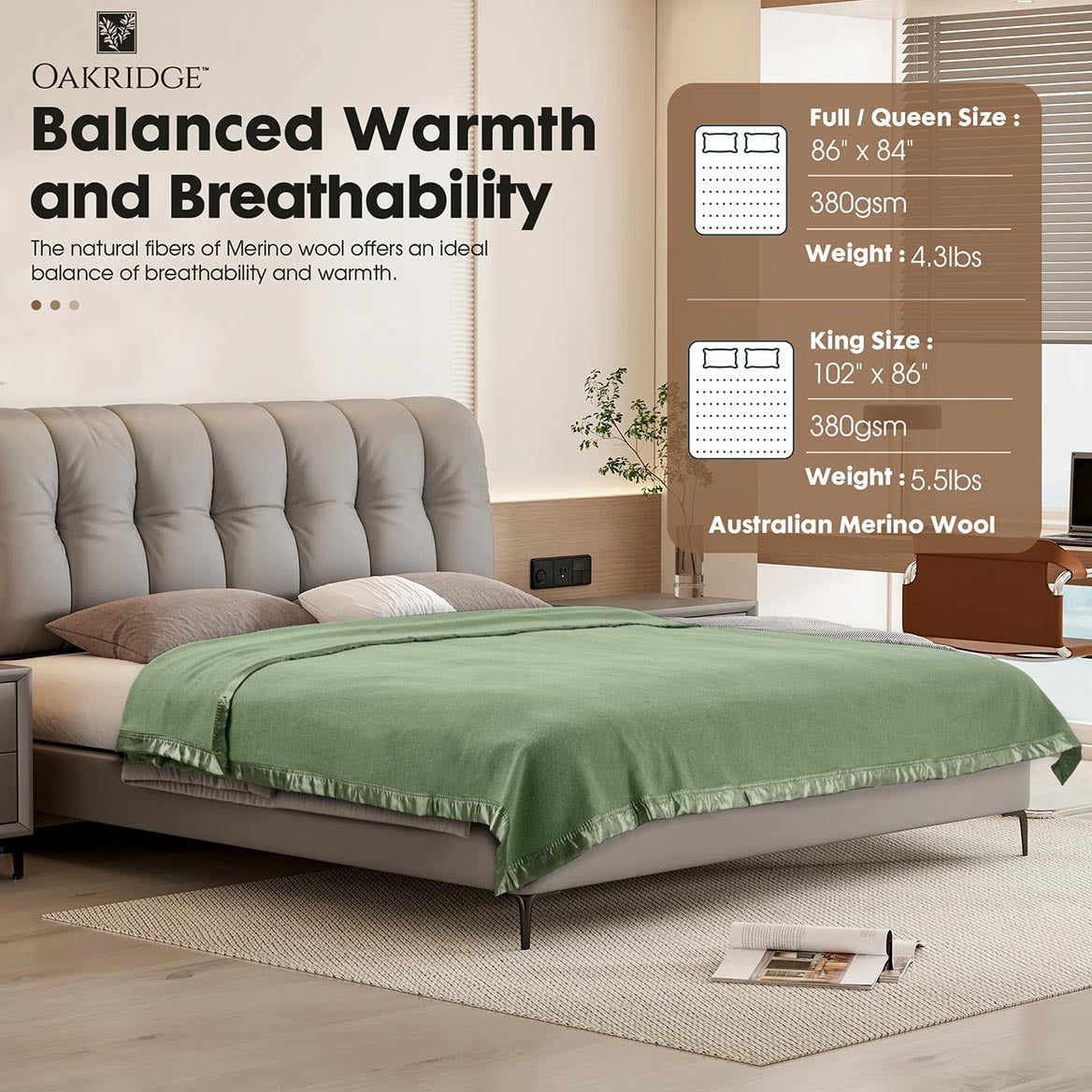 OakRidge Heirloom Merino Wool Blanket – 100% Australian Wool with Vintage Satin Edges – Breathable, Odor-Resistant, All-Season Bedding in Full Queen Size – Sage Cozy Throw for Home or Travel