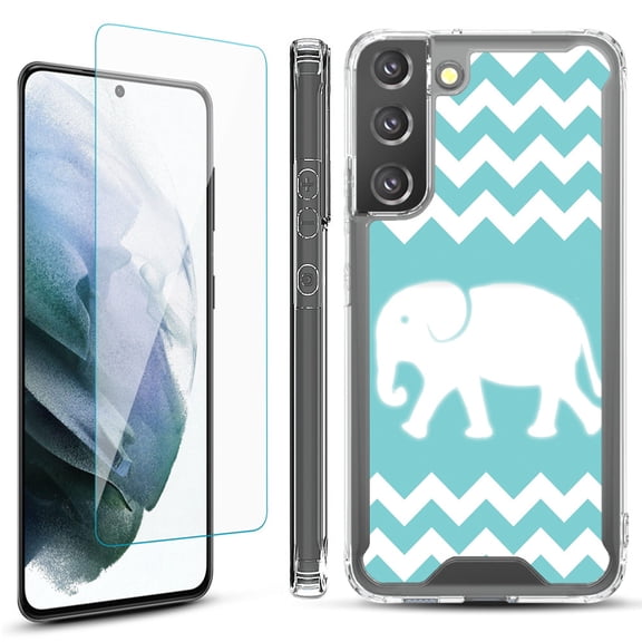Shockproof Bumper Phone Case for Samsung Galaxy S22  / S22 Plus 5G, with Tempered Glass Screen Protector, by OneToughShield ® - Chevron/Elephant