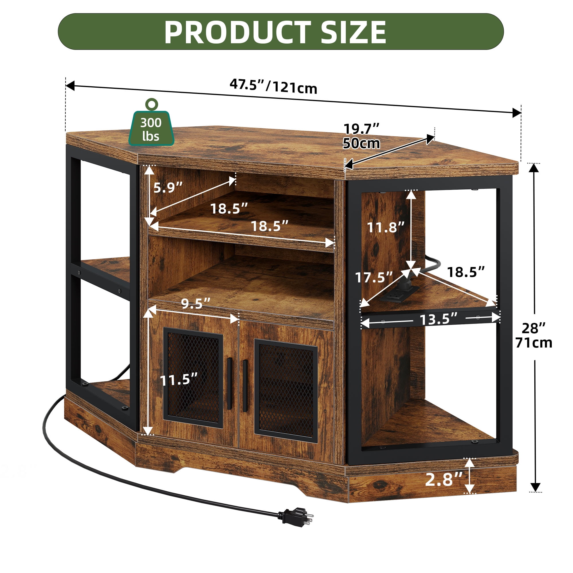 Uforic Modern Corner TV Stand with Adjustable Layer Board, Double Door Mesh Cabinet & 96-Hole Metal Handle, with 2 Outlets 2 USB Ports Power Socket,Brown