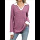thumbnail image 3 of Suéteres de Cuello en V para Mujer, Jersey con Bloques de Color, Mangas Largas, Corte Holgado, Estilo Informal, Tipo Túnica, Camisetas. Rojo Púrpura M, 3 of 10