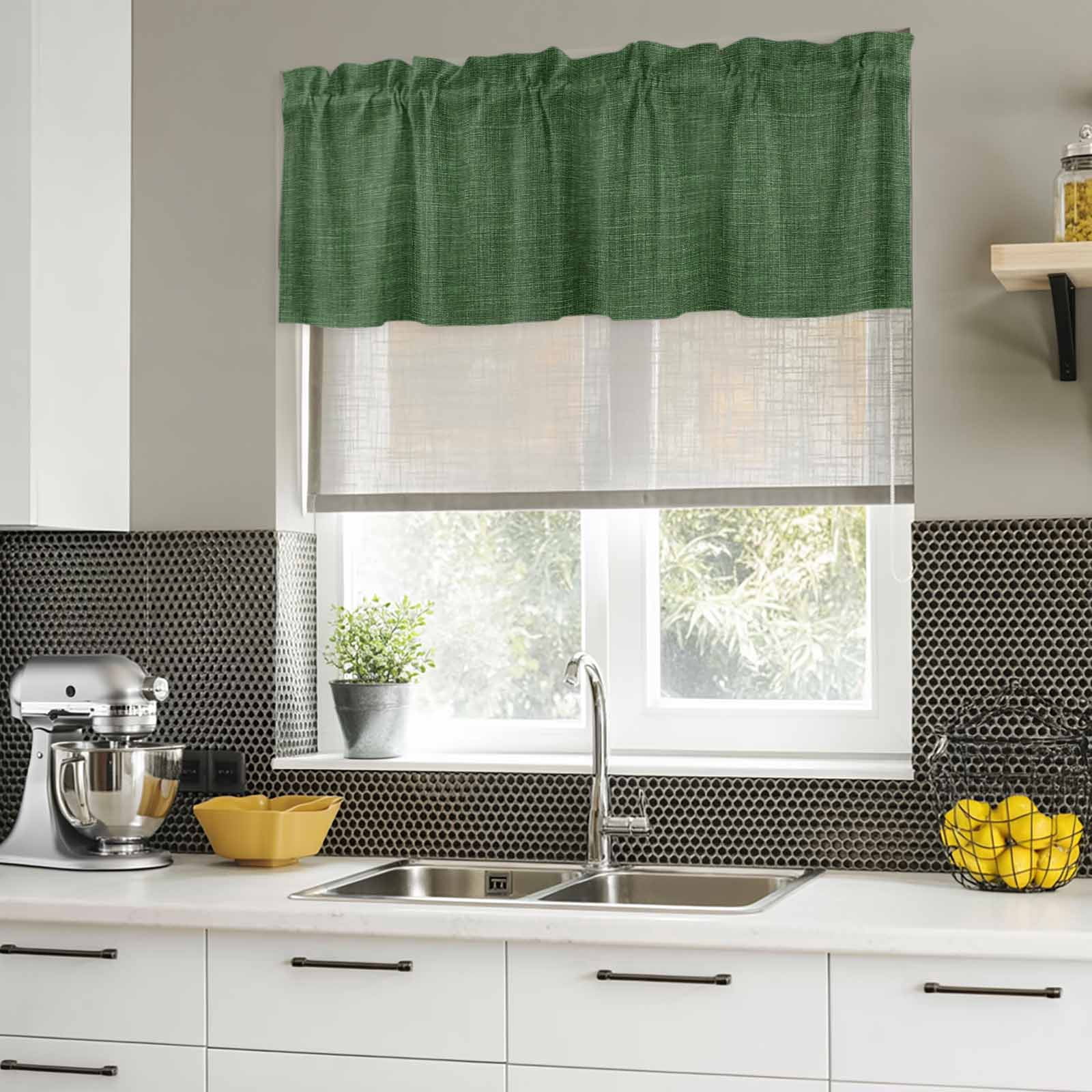 Valances for Windows, Dark Green Burlap Texture Kitchen Curtains Valances 2 Pack for Living Room Bedroom Bathroom, Farmhouse Vintage Green Light Filtering Curtains Rod Pocket Valance 42"x12"