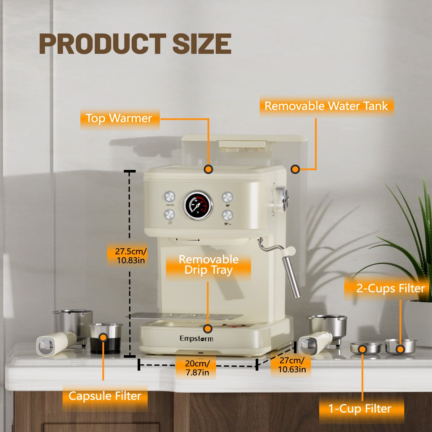20 Bar Espresso Machine with Milk Frother Steam Wand, 3-in-1 Coffee Maker, Compatible with NS Pods, Stainless Steel, for Latte & Cappuccino, Beige