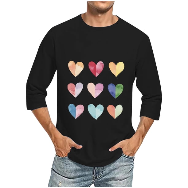 Camisas de Manga Larga para los Hombres Día de San Valentín Impresión Cuello Redondo Moda Casual, Mezcla de Poliéster de Lino de Algodón para Primavera Verano