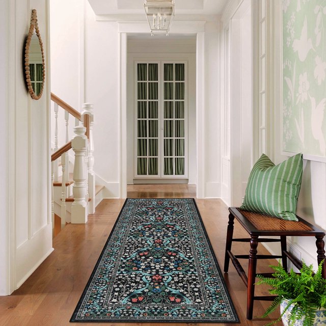 Garvee 2x6 Floral Runner Rug Hallway Rug, Washable Rugs Non Slip Stain Resistant Soft Indoor Printed Rug Carpets, Low Pile Floor Mats for Entryway Laundry Room Bedroom, Black