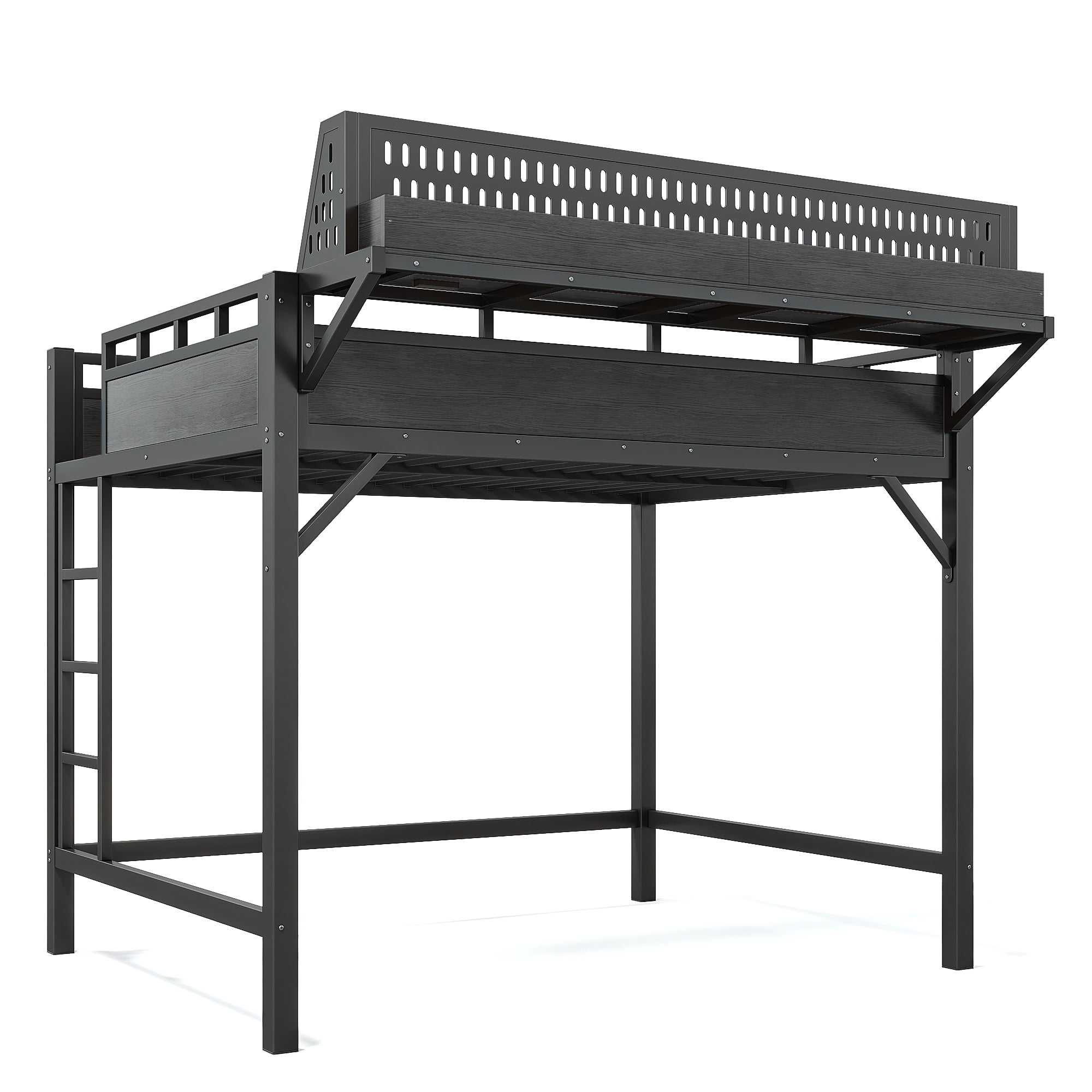Leumius Full Size Loft Bed with Storage Shelves and Pegboard,Metal Loft Bed Frame with USB Ports and LED Lights,Black