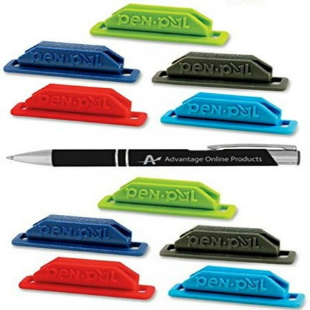 - 10 Pack Assorted Colors Pen Pal Pen Holders with Custom Advantage Black and Chrome Retractable Pen