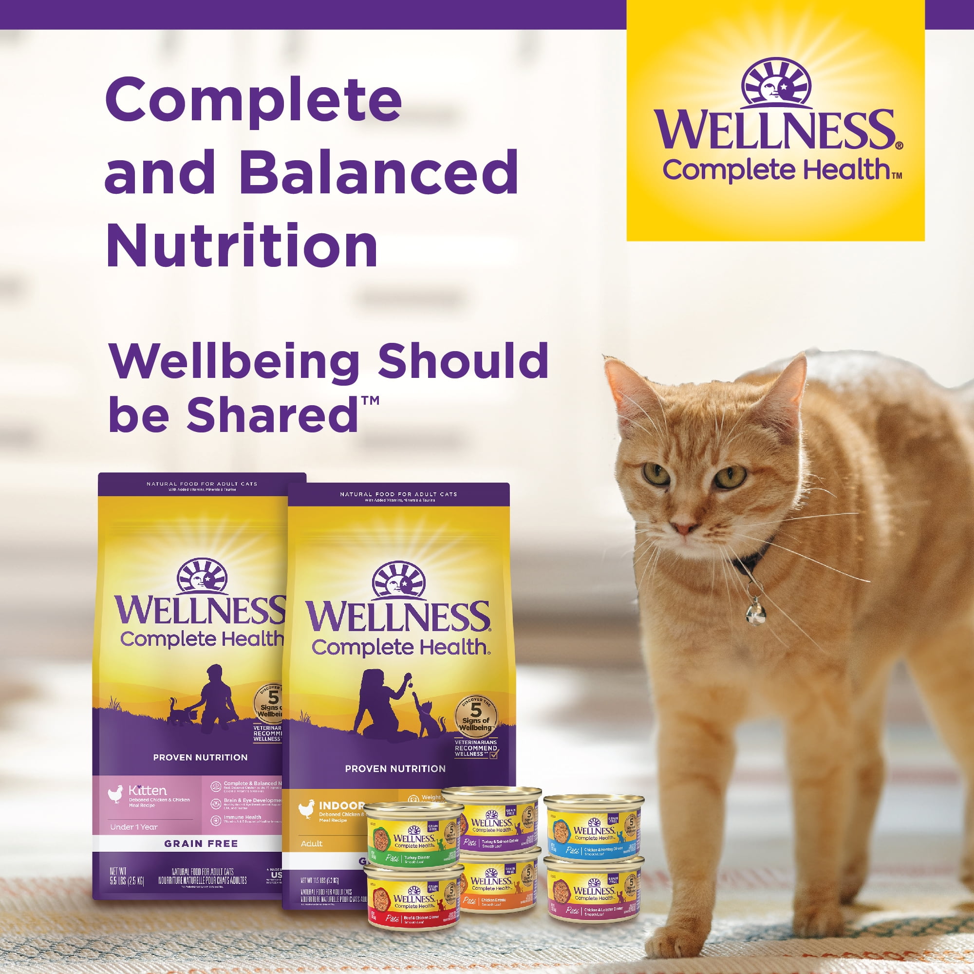 Wellness Complete Health Healthy Weight Adult Dry Cat Food for Indoor Cats, Natural, Grain Free Kibble, Chicken & Turkey Recipe, 5.5 lb Bag