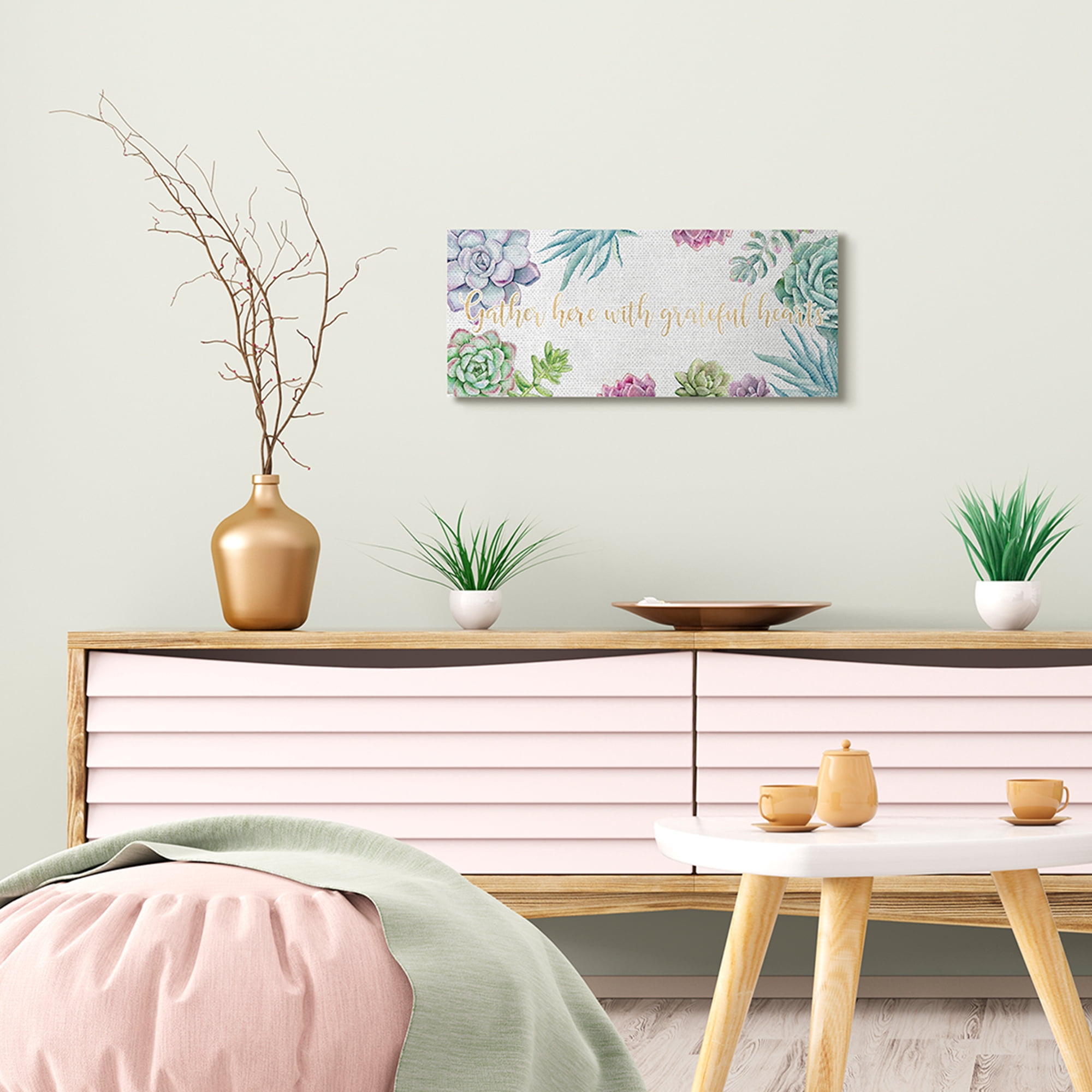 Stupell Industries Gather Here Grateful Hearts Phrase Blooming Succulents Botanical & Floral Painting Gallery Wrapped Canvas Art Print Wall Art, 10 x 24