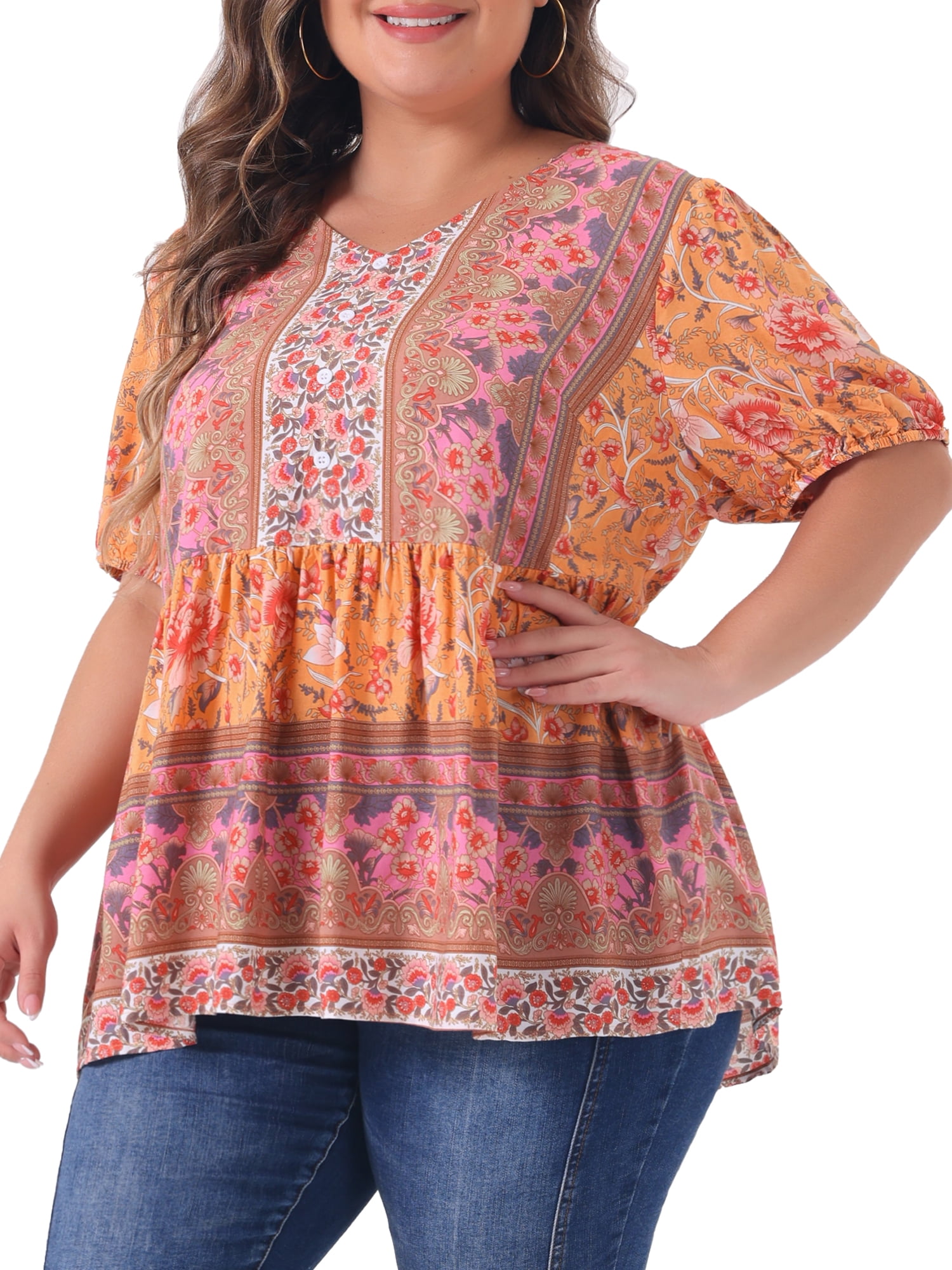Women's Plus Boho Floral Print V Neck Short Sleeve Summer Blouses 1X Orange