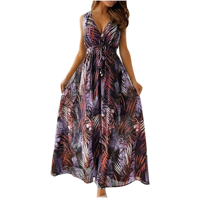 Pisexur Robes d'Été pour Femmes 2024 à Imprimé Floral Hawaïen, Robes Bohèmes, Mode, Col en V, Sans Manches, Dos Nu, Robe Soleil, Taille Ajustable, Tunique, Robes Maxi pour Femmes, Vintage, Fluide, Décontractée, Robe de Plage