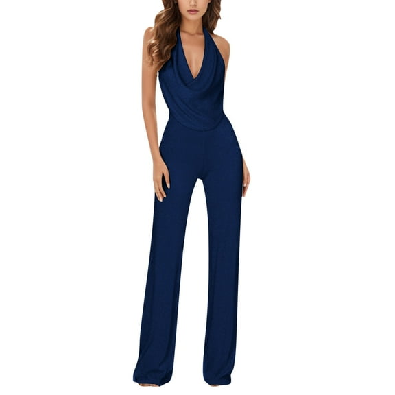 Riforla New Jumpsuit Lady's Sleeveless Halter Neck Sequin Pants Women Jumpsuits for Women Blue S