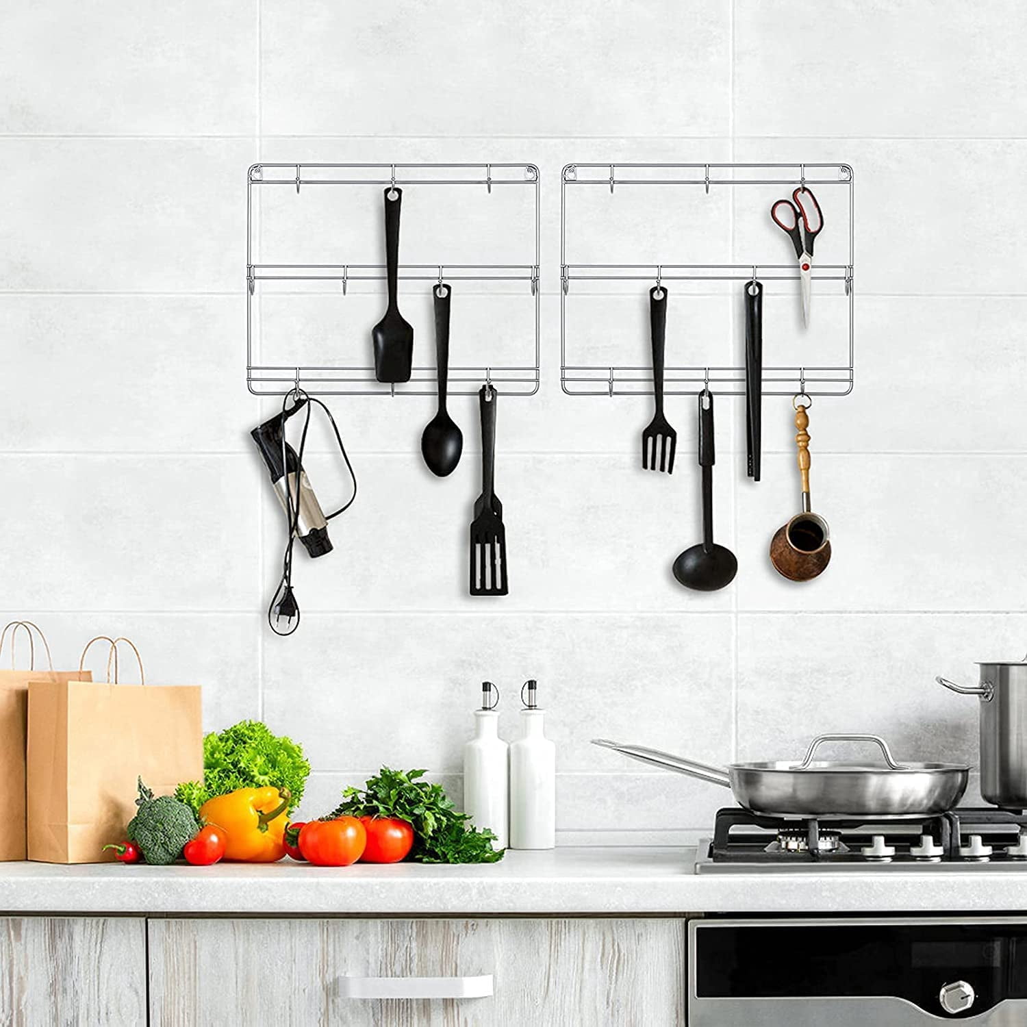 Oumilen Set of 2 3-Tier Metal Wall Mounted Coffee Cup Holder with 10 Hooks, Silver