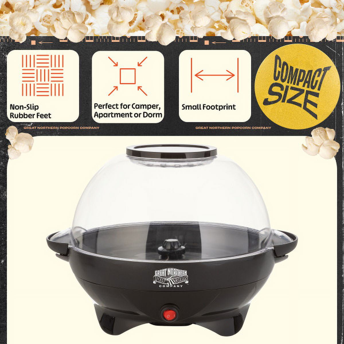 Great Northern Popcorn 800W Electric Popcorn Machine with Auto Stir, Black