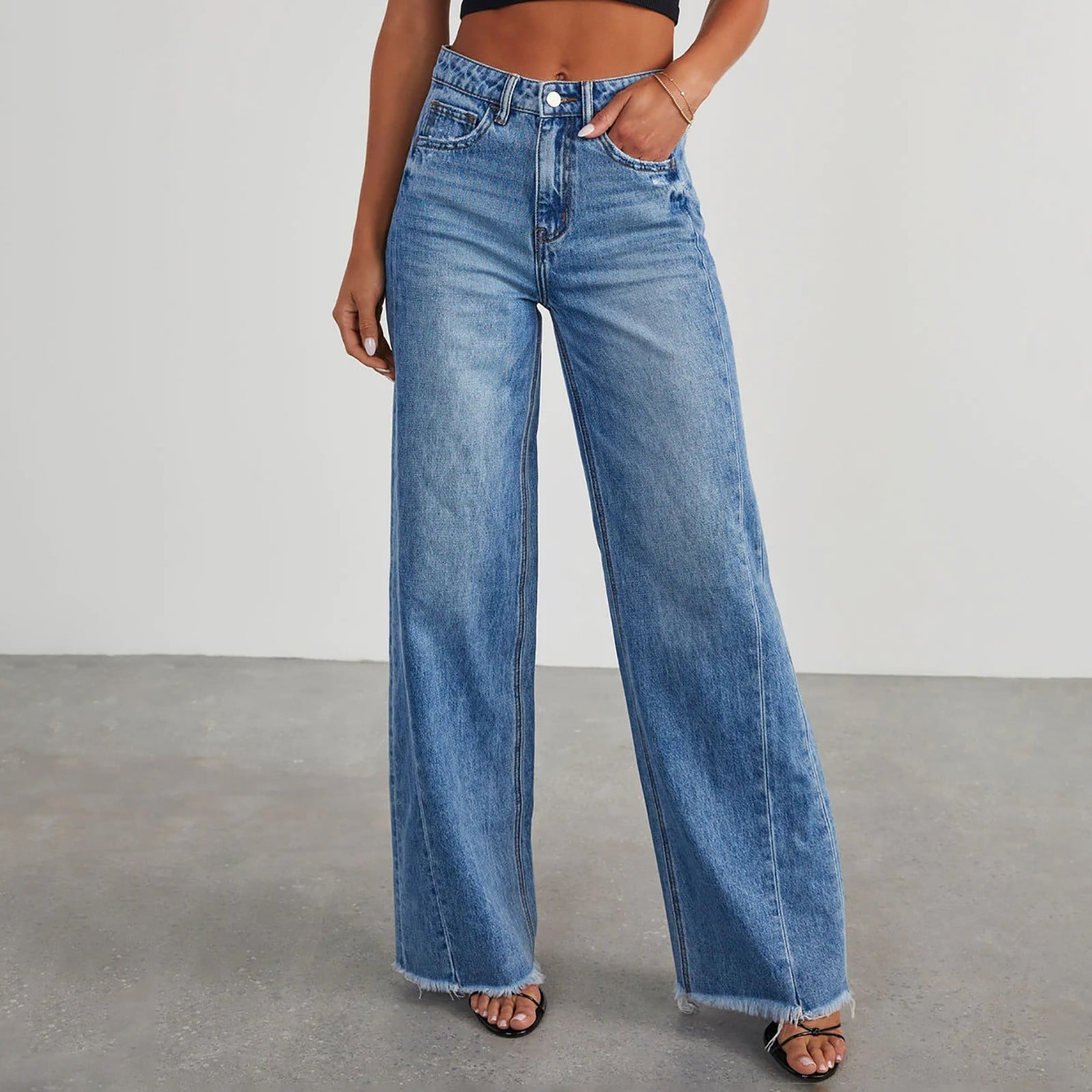 Women Rugged Denim High Waisted Wide Leg Pants Loose Washed