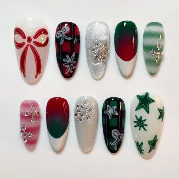 Uñas postizas Press On GUAACCB 24 piezas, almendra invernal con copos de nieve