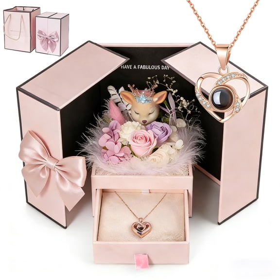 START MAKERS Feather Deer Necklace Gift Set with Triple Heart Rose Gold Necklace Romantic Jewelry Gift Box for Women
