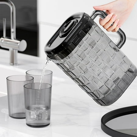 

Dealovy Plastic Beverage Drink Pitcher Transparent Bottle Water Ice Cold Jug with Lid and Handle Ribbed for Bar Home Bring Three Cups 2000ml Home Decor