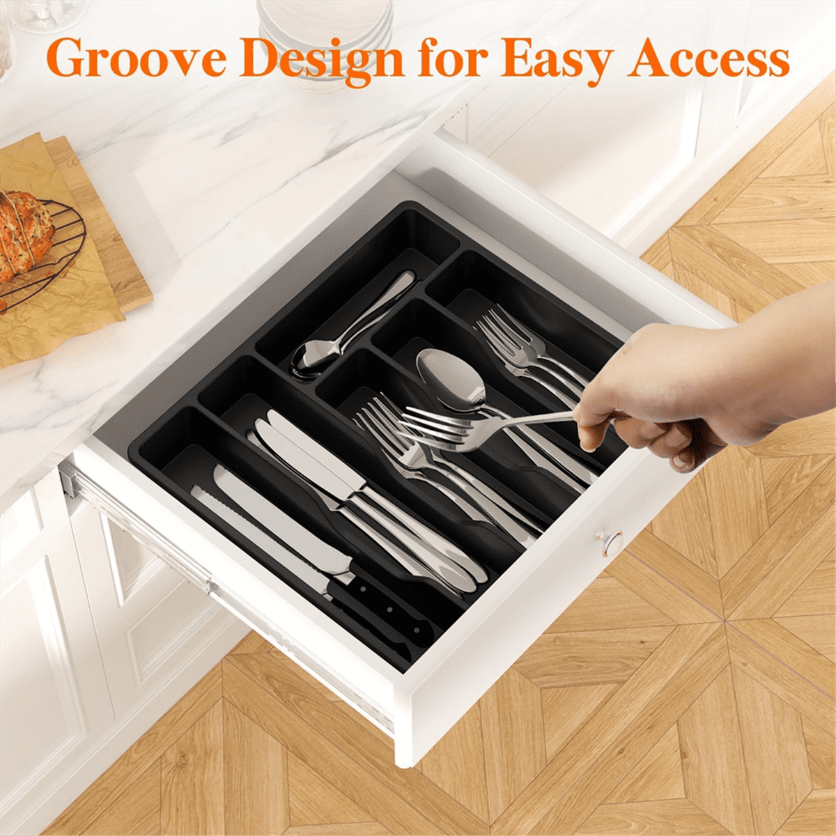Silverware Organizer with Lid,Covered Utensil Tray for Kitchen Drawer and Countertop, Plastic Cutler Black PP
