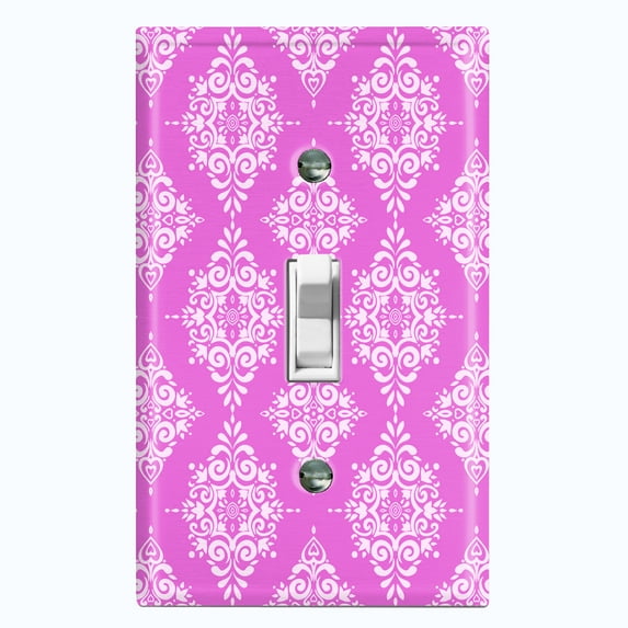 Metal Light Switch Plate Outlet Cover (Damask Ornament Symbo Pink Pattern - Single Toggle)