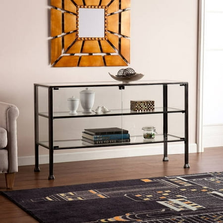 Curved Curio Console Southern Enterprises Hailey Metal/Glass Terrarium Display Curio/Console, Distressed Black ()
