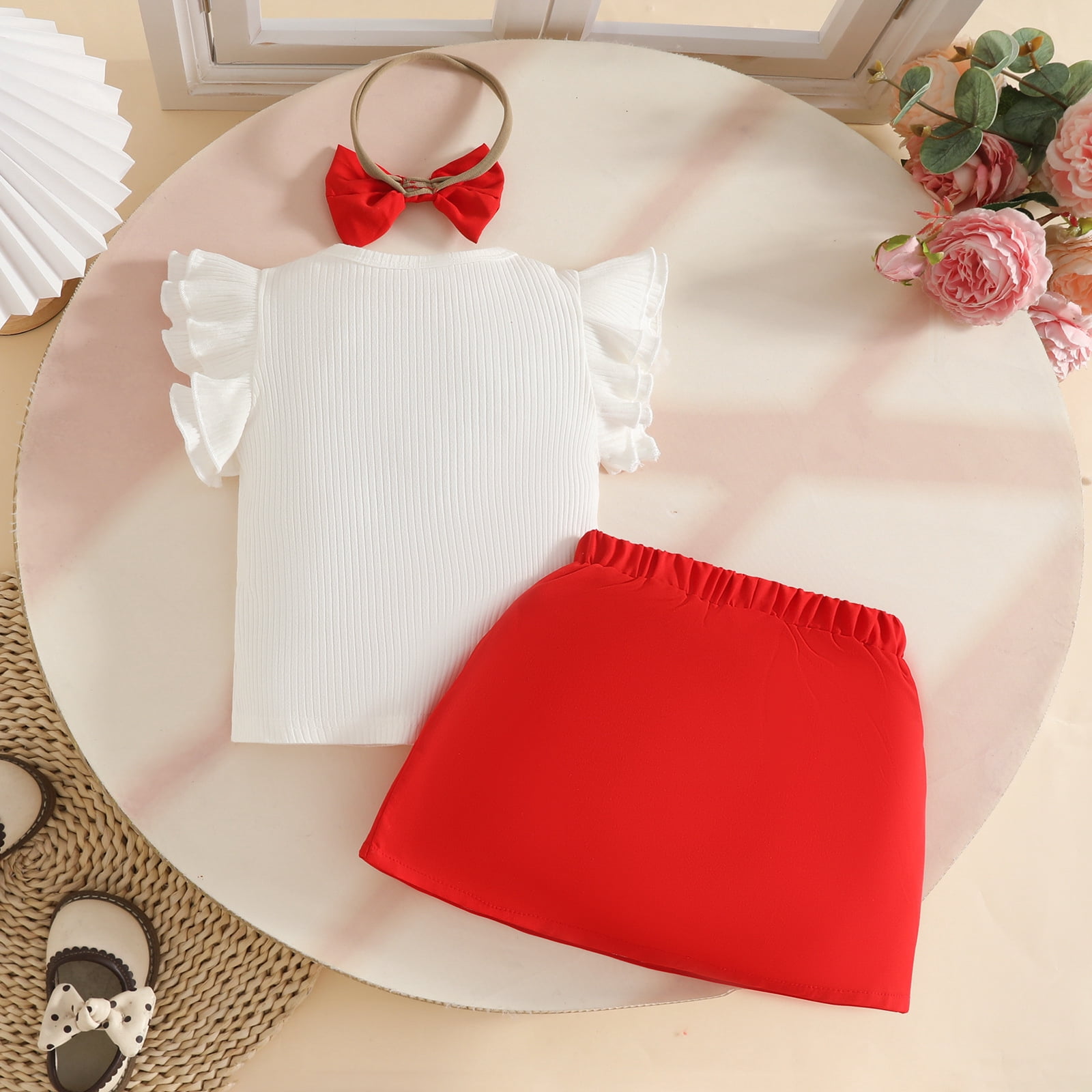 Faraee Toddler Baby Girl Skirts Outfit Infant Summer Clothes Ruffle Sleeveless Knit Vest Top A-Line Skirt Set with Headband (9-12M,Red)