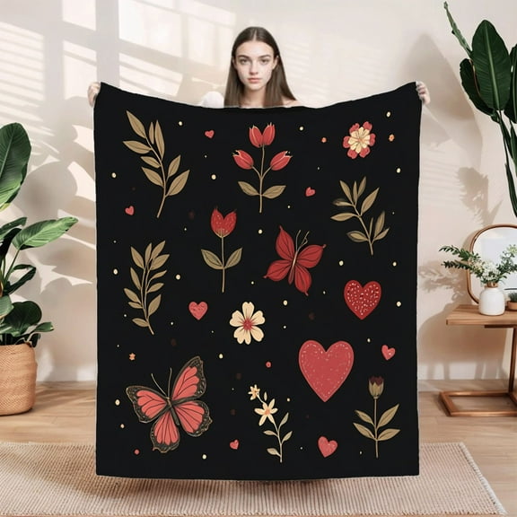 Durable Soft Flannel Blanket with Floral & Butterfly Design Cozy for Sofa Travel Bed & Chair - Perfect for Warmth & Style