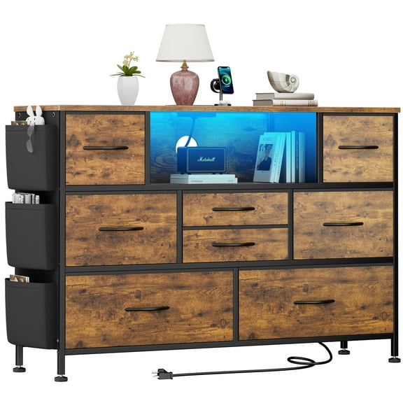 GIKPAL Dressers for Bedroom with LED Lights, Small Dresser TV Stand with 8 Drawers and Side Pockets, Fabric Chest of Drawers with Power Outlet & Sturdy Frame & Brown Wood Top to 50" TV