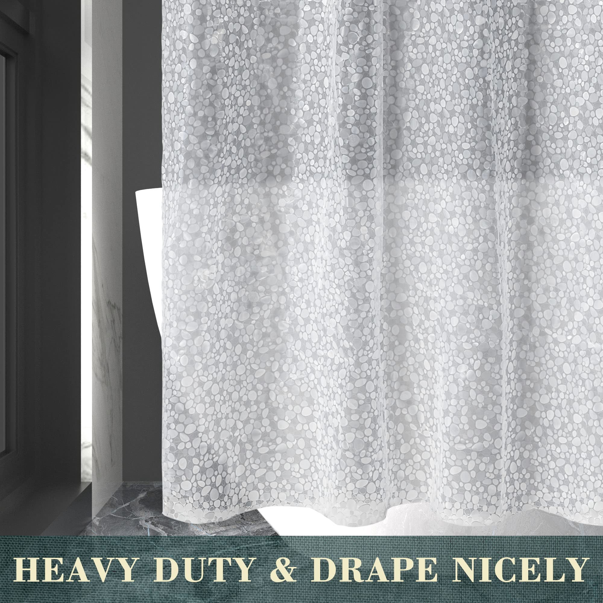 No Hook Shower Curtain Or Liner - 8g Heavy Duty Cobblestone Bathroom Hooks Required  Waterproof Plastic & Pvc Free Standard Size 71 X 74 Pebble