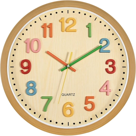 Silent Kids Wall Clock Non-Ticking Battery Operated Colorful Childrens Clock for Classroom Playroom Nursery Bedrooms Kids Room (3D Numbers, 12 inch)