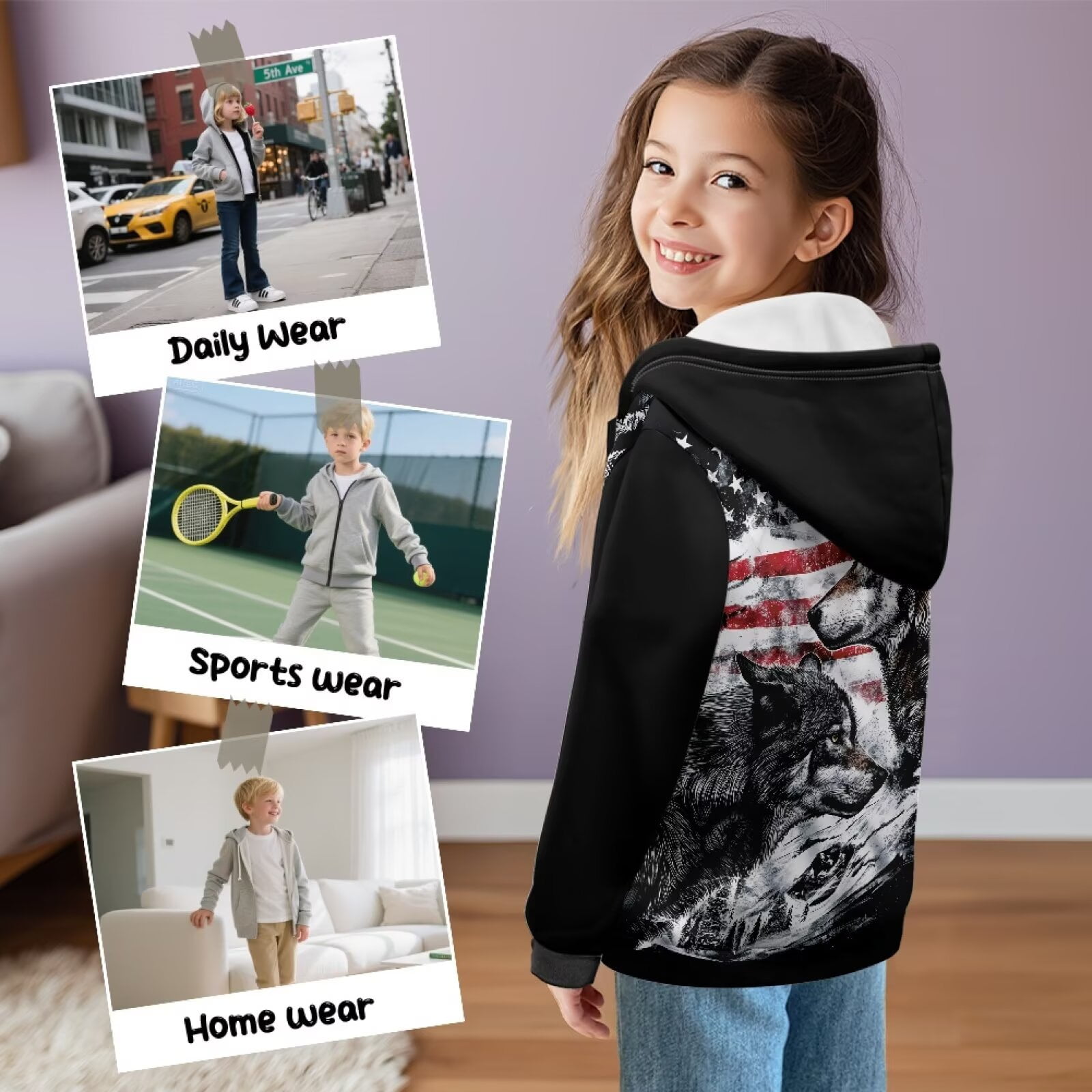 Uorisanigo Girls Boys Hoodie Hooded Sweatshirt Comfortable Zip Up Hoody Jacket Long Sleeve American Flag Wolf Sweatshirts Jackets Warm Shirt Fall Trendy Clothes