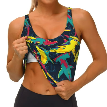 Qokaie Colorful Sharks Pattern Womens Scoop Neck Sports Bra Breathable Workout Vest Padded U Back Medium Impact Fitness Gym Yoga Bra Workout Crop Top