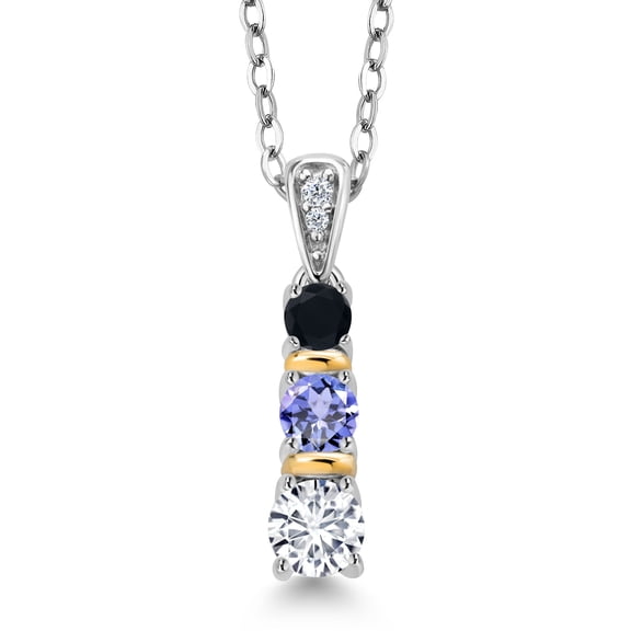 Gem Stone King 925 Silver and 10K Yellow Gold Round White Lab Grown Diamond Blue Tanzanite and Black Onyx Pendant Necklace for Women (0.55 Cttw, Gemstone April Birthstone, with 18 inch Chain)