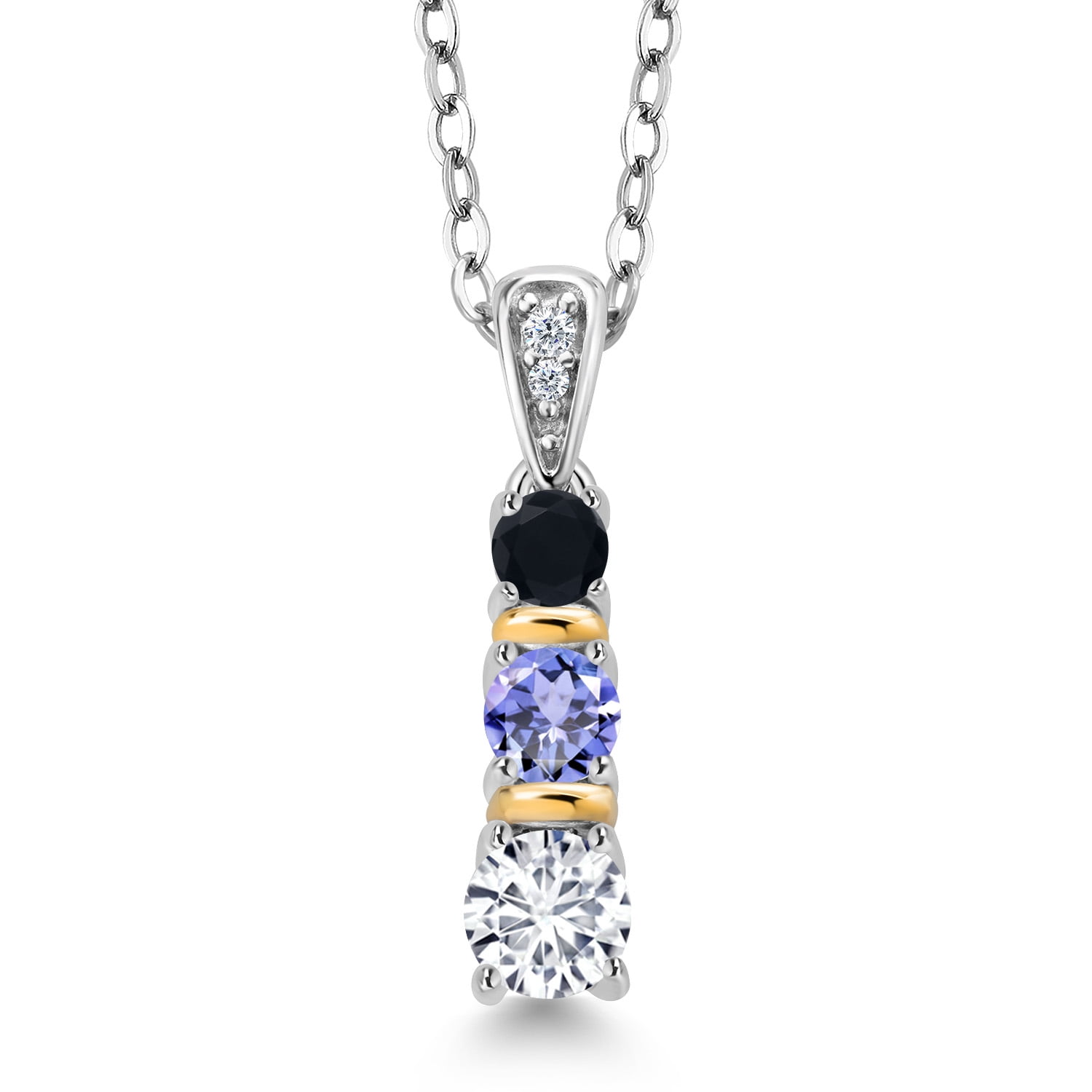 Gem Stone King 925 Silver and 10K Yellow Gold Round White Lab Grown Diamond Blue Tanzanite and Black Onyx Pendant Necklace for Women (0.55 Cttw, Gemstone April Birthstone, with 18 inch Chain)