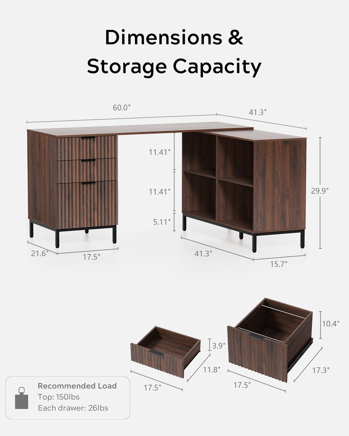 EYYTHUNG 60" Fluted Executive Desk with Storage Cabinet, Modern Home Office Desk with File Drawer, L Shaped Writing Desk Brown