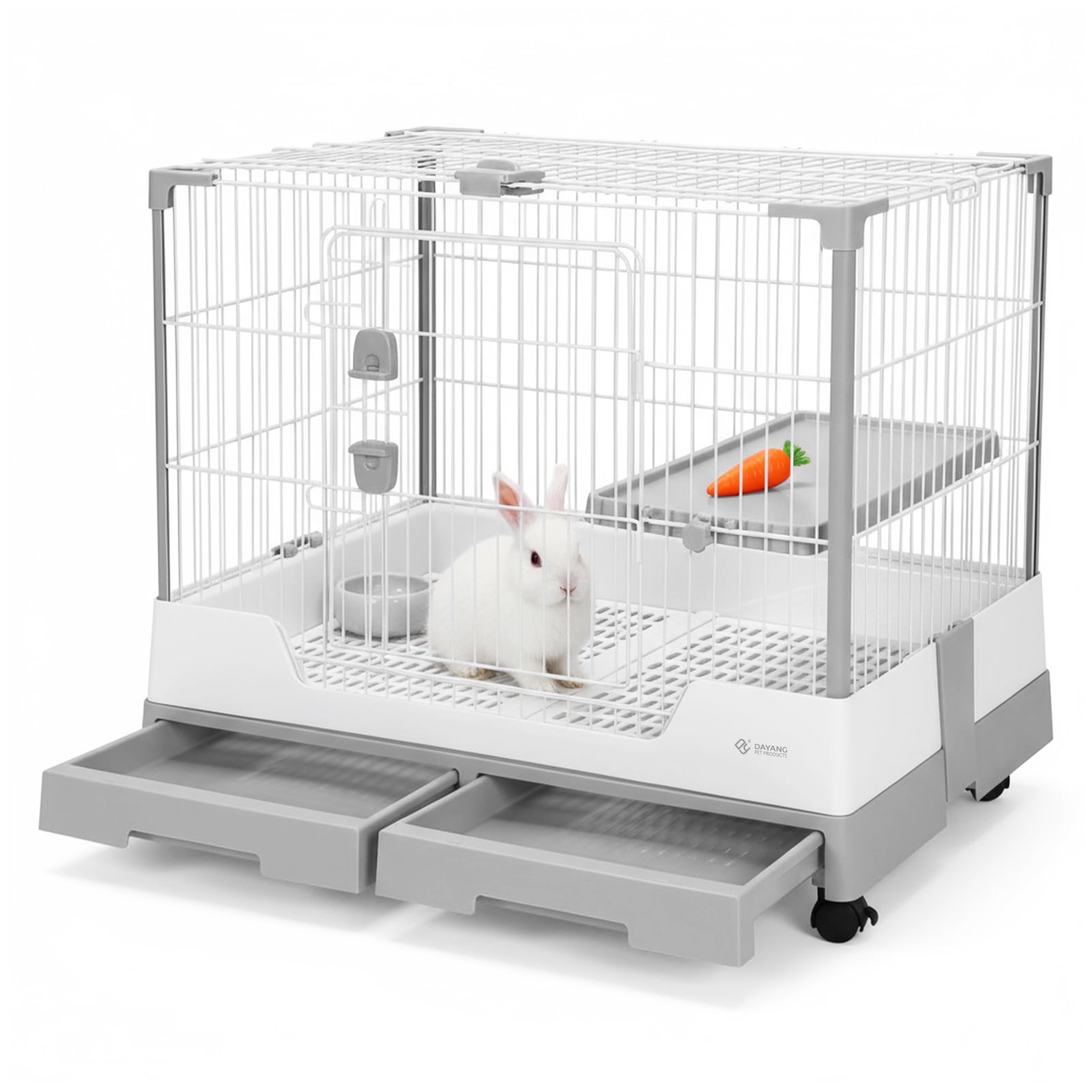 golytefs Gravity Lock Rabbit Cage with Pull Out Tray Wheeled Bunny Hutch Cage (Grey)
