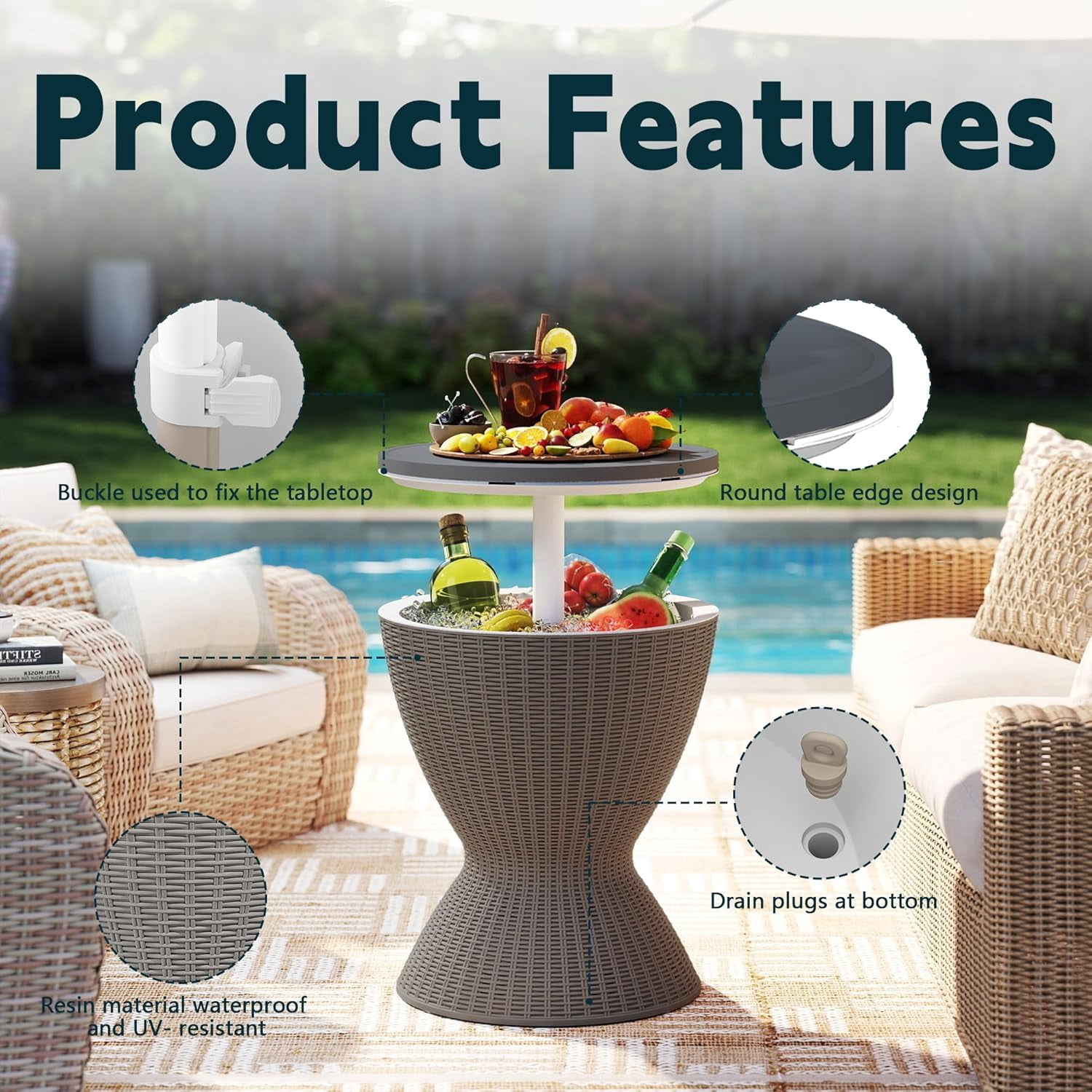 JFTER 3-in-1 Resin Ice Bucket & Beverage Cooler – Wood Look Patio Table, UV Protection & Drain Plug for Outdoor Parties, Bars, and Poolside Use
