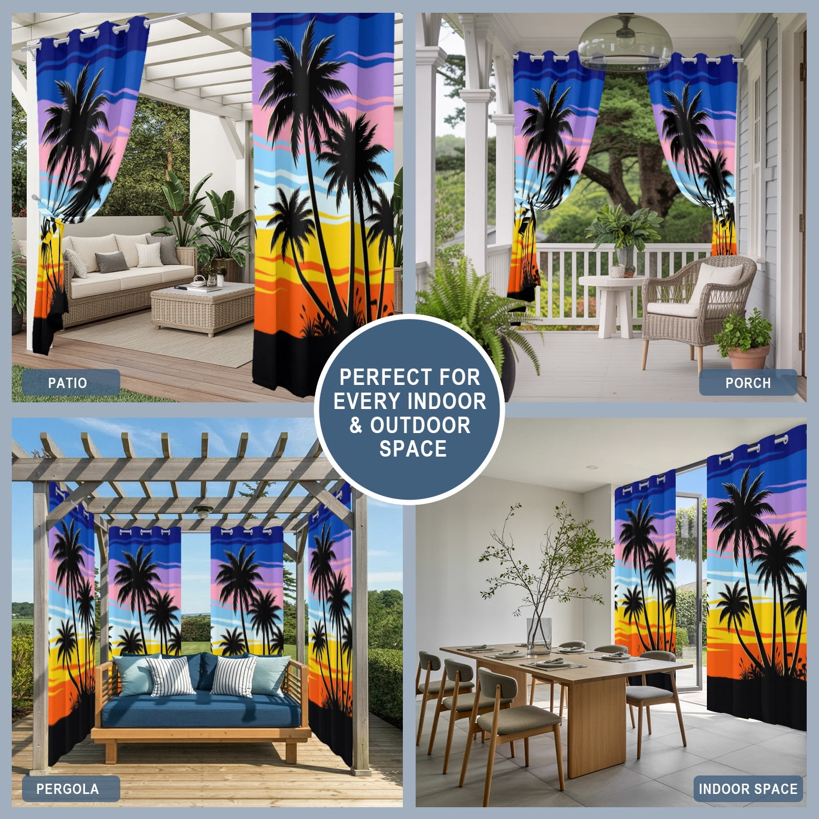 Coastal Sunset Outdoor Curtains for Patio, Palm Trees Beach Ocean Summer Sunshade Privacy Drapes Grommet Waterproof Outside Curtains for Porch/Cabana/Balcony 54"x 108", 1 Panel