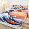 thumbnail image 3 of Homewish Japanese Ukiyo-E Twin Sheet Sets,Ocean Sea Wave Twin Fitted Sheet,Orange Sunset Flat Sheet For Girl Kids,Luxury Bedroom Decor,3 Pieces, 3 of 7