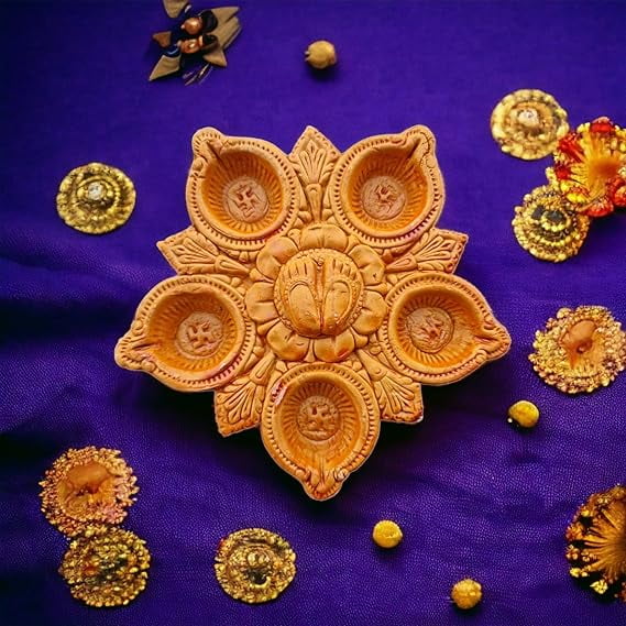 Handpainted Thali with 5 Diyas for Diwali Decoration. | Handmade Clay Mitti Diya | Lanterns for Diwali Decoration | Decoration Mitti Diya | Handmade Colourful Diyas