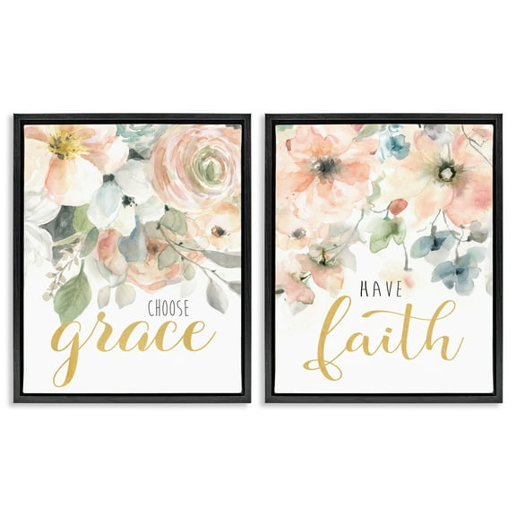 Stupell Industries Spiritual Phrases on Florals Spiritual Painting Black Floater Framed Canvas Art Print Wall Art, 17 x 21, Set of 2