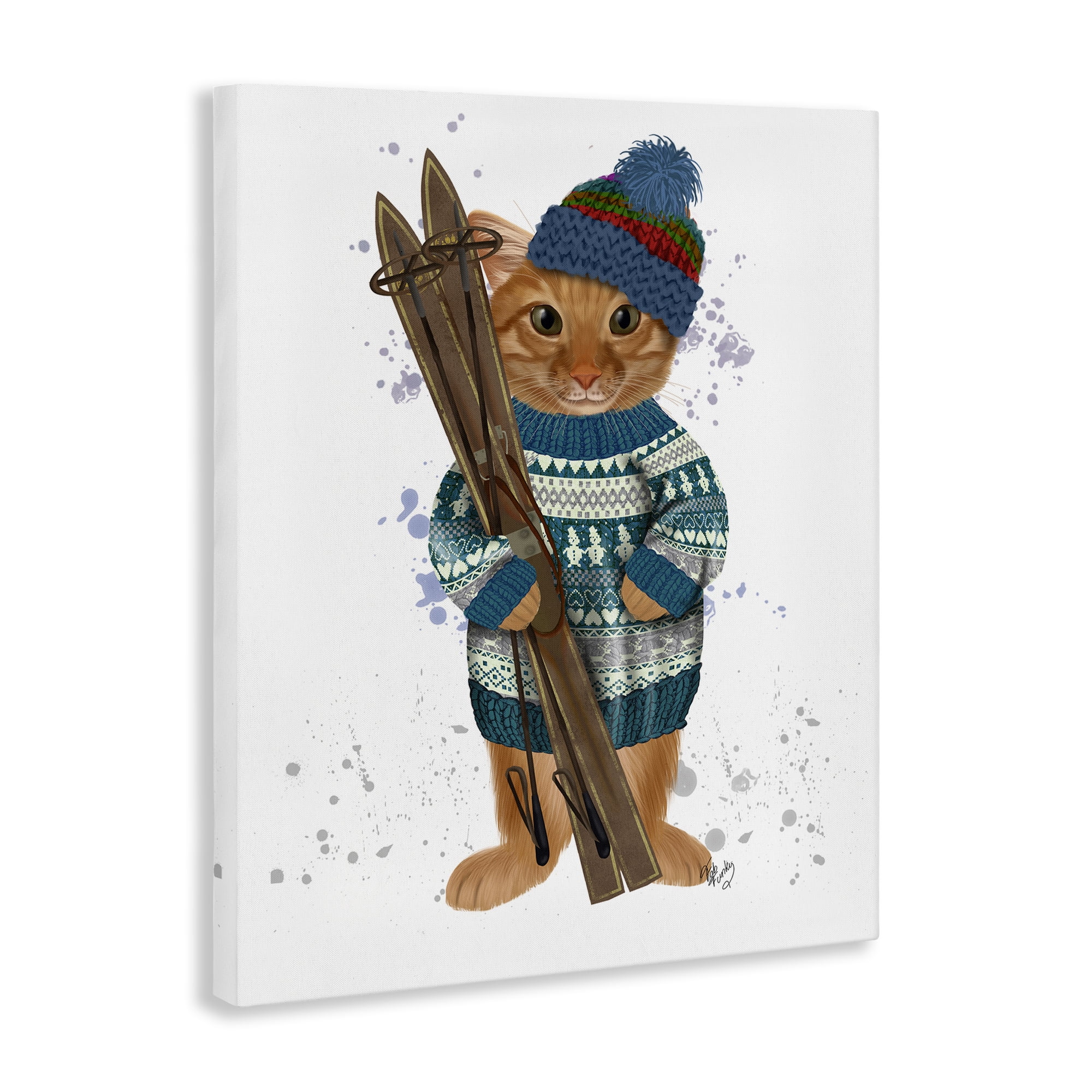 Stupell Industries Cat with Winter Skis Animals & Insects Painting Gallery Wrapped Canvas Art Prints Wall Art, 16 x 20