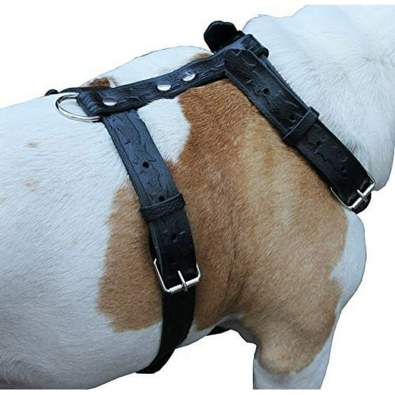 Black Genuine Tooled Leather Dog Harness Large. 27"-37" Chest, 1.25" Wide Straps Pit Bull, Boxer