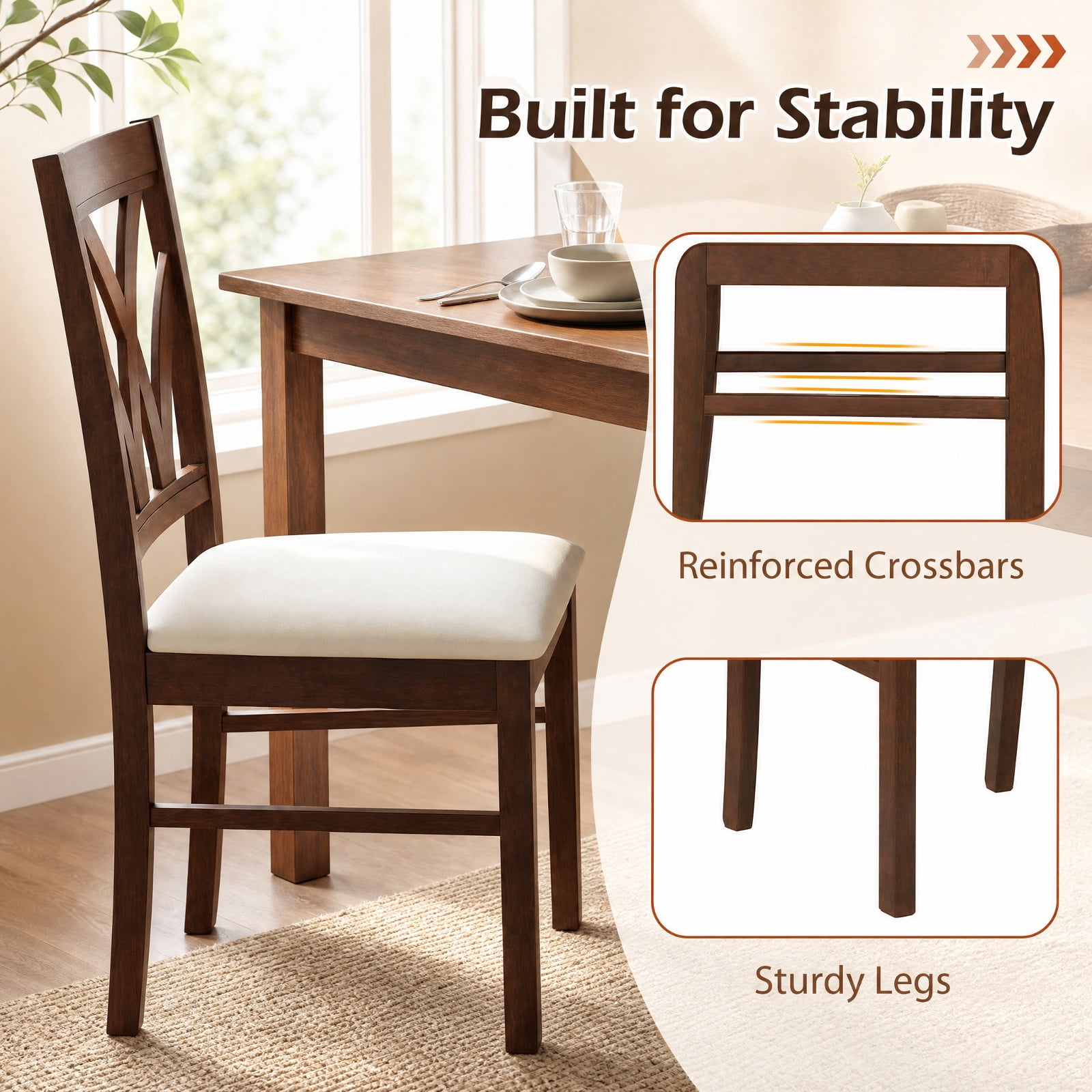 Furnibear Upholstered Wooden Dining Chairs Set of 2 with Hollowed Backrest and Padded Seats on Solid Rubber Wood Frame, Brown