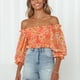 thumbnail image 4 of Blusa con hombros descubiertos para mujer, estampado floral, media manga, pecho fruncido, camisa corta ajustada a la moda con hombros descubiertos, Top naranja L, 4 of 7