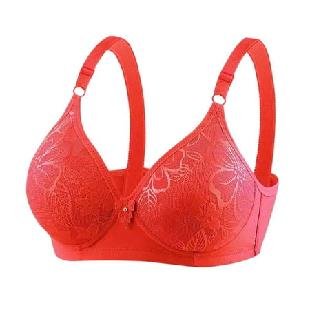 Bras for Women Plus Size Embroidery Lace Full Coverage Wireless Push Up Non Padded Everyday Minimizer Bra Red 44 C