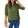 thumbnail image 1 of Mujeres Cremallera Cuello En V Camisetas Manga Tres Cuartos Punto Suizo Volantes Espalda Tipo Loos Verano Casual Top OD Verde S, 1 of 5