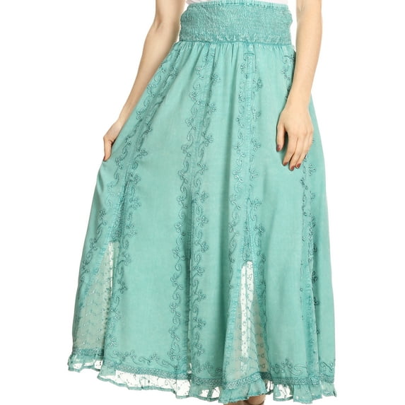 Sakkas Monola Long Tall Lace Embroidered Paneled Adjustable Waist Flare Skirt - Jade - Medium